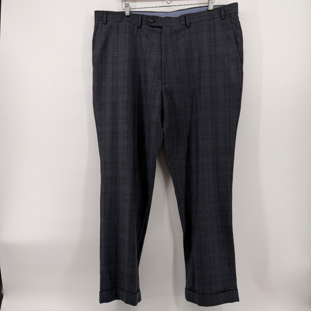 Hart Schaffner Marx Mens 42R Grey Blue Glen Plaid 100% Wool Cuffed Dress Pants